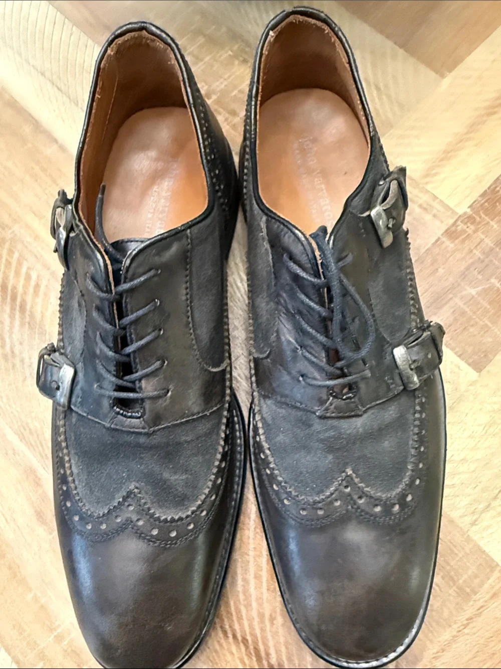 John Varvatos Dark Brown Suede & Leather Brogue Monk Strap Oxfords
